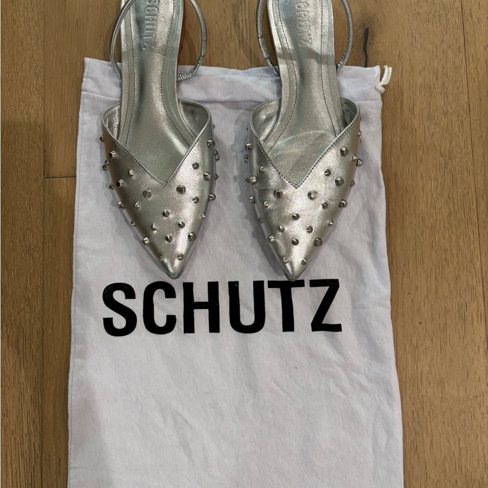 SCHUTZ Metallic Silver Studded Flats “Gayle”